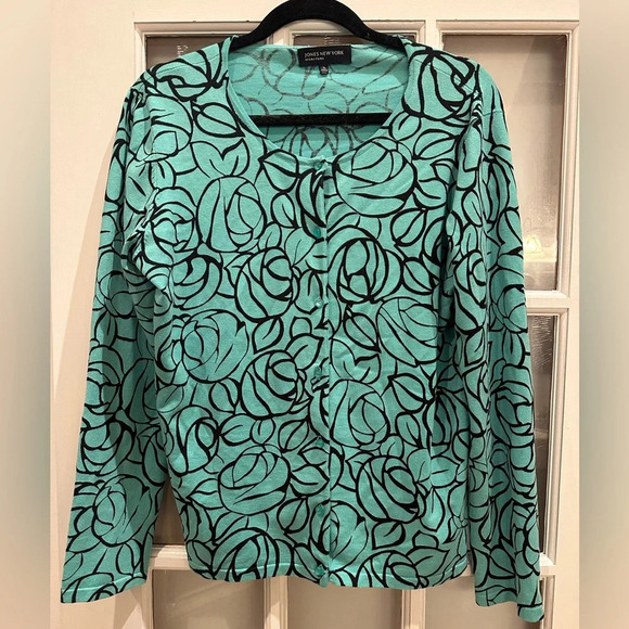 Jones New York Signature Silk Blend Cardigan Teal Rose Floral Button Up Size XL - Picture 10 of 10